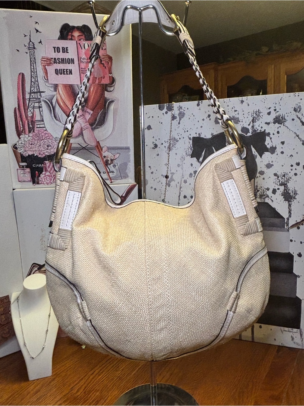 Coach Soho Angora Straw Hobo 4711 Cream White Braided Leather Y2K EUC